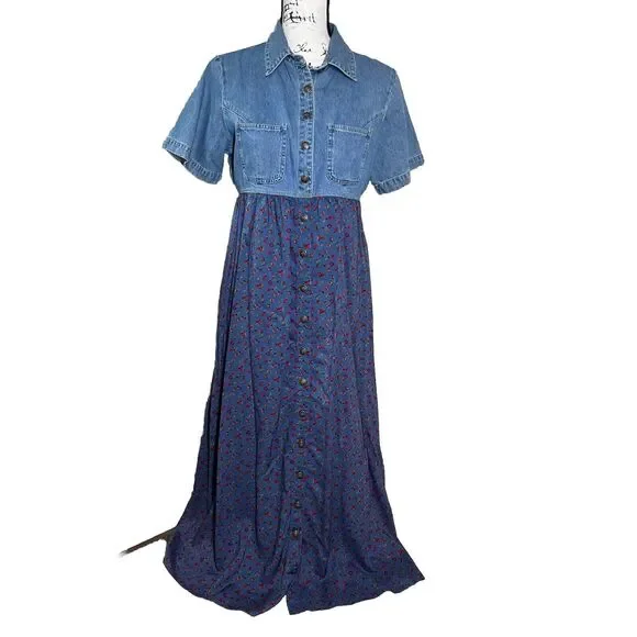 Cherokee | Dresses | Vtg Cherokee Denim Ditsy Floral Midi Dress Sz Medium  Navy Cottage Modest Prairie | Poshmark